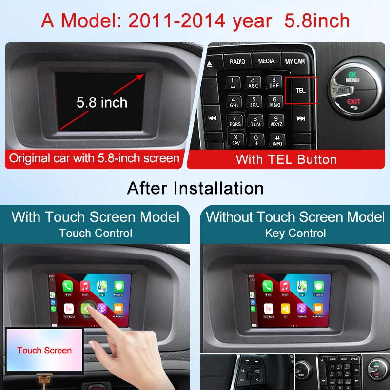 STWEI 무선 Carplay 안드로이드 자동 모듈 볼보 XC60 XC70 S60 S80 V60 V70 V40 2011-2019 스크린 터치 블루투스 음악