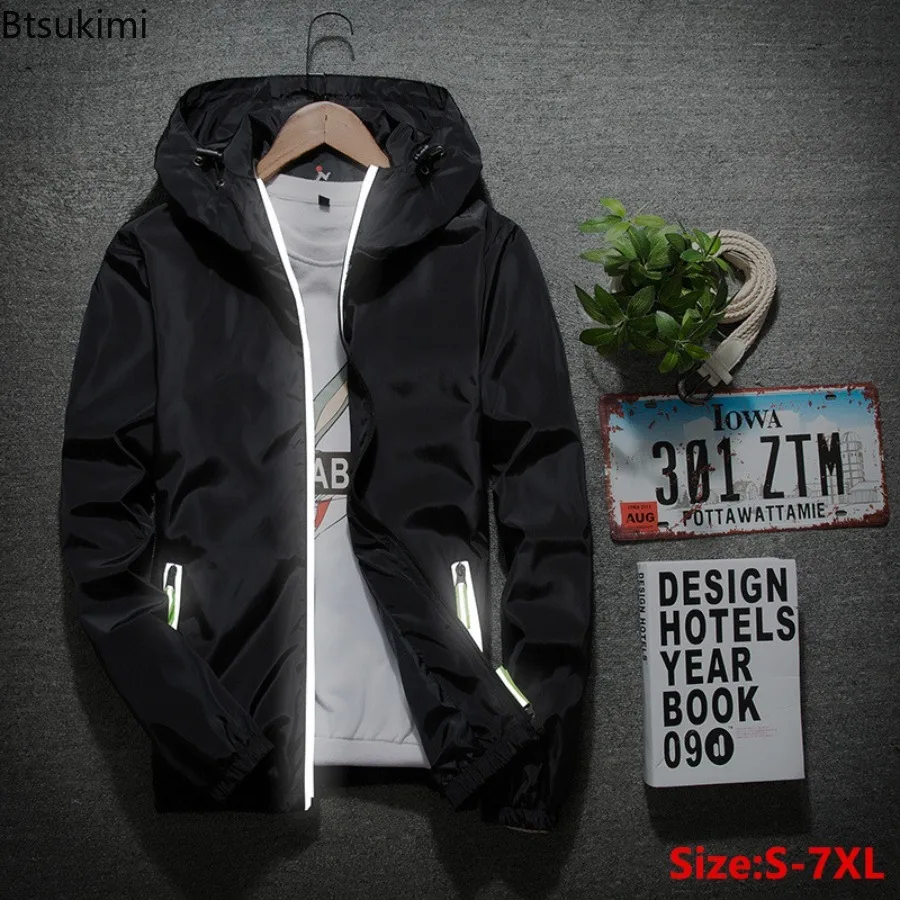 2024 Men's Casual Solid Hoodie Jacket Reflective High Street Hooded Outwear Outdoor Sport Loose Zipper Tops for Men Big Size 7XL