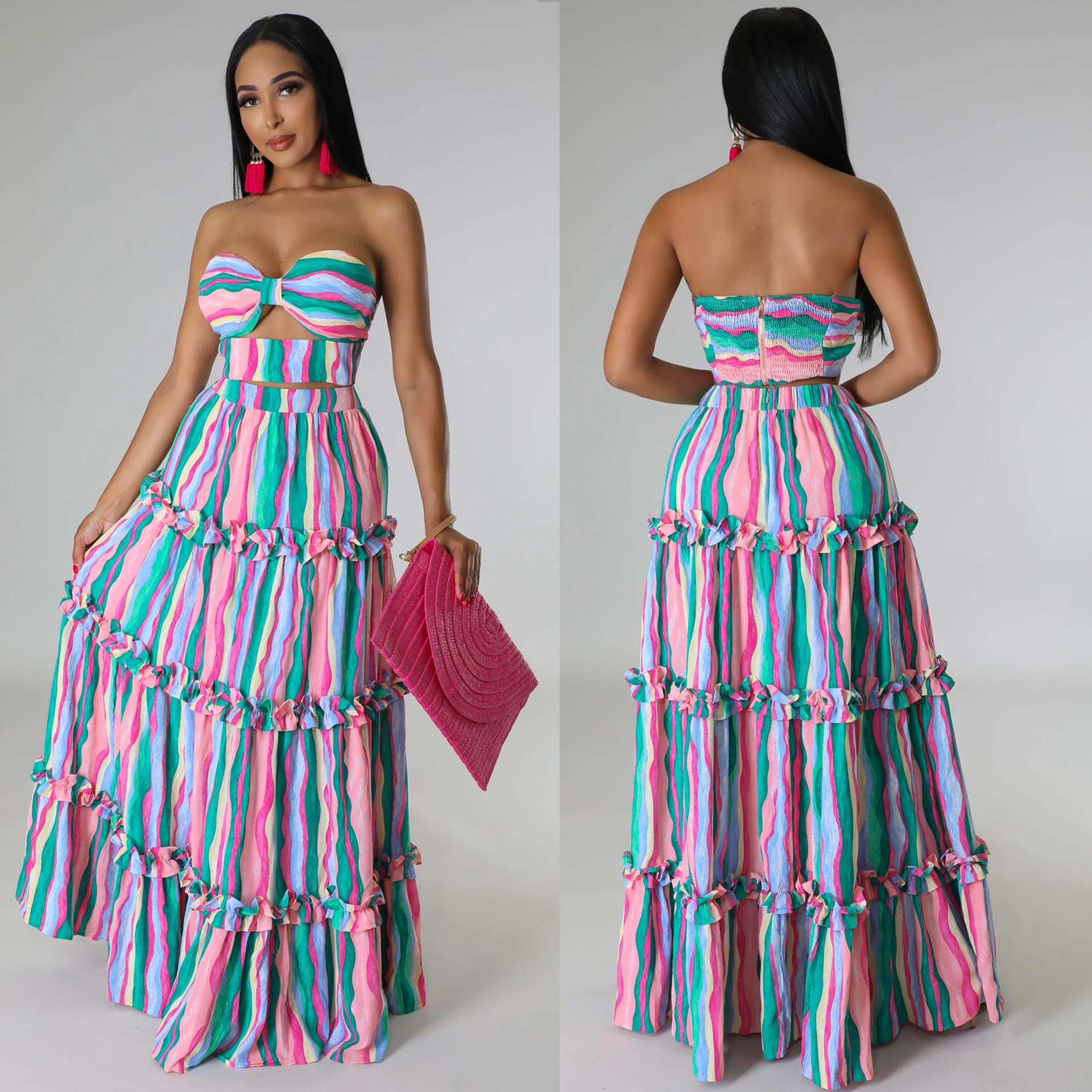 Summer Elegant Striped 2 Piece Skirt Sets Sexy Crop Tops Outfit 2023 Fashion Maxi Beach Dress Sexy Casual Two Piece Set Clothes