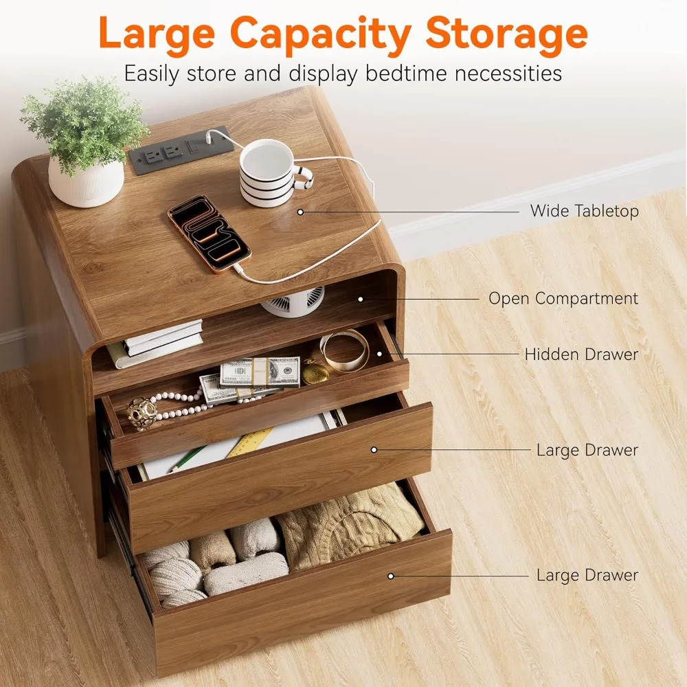 Modern Nightstand with Hidden Drawers, Charging Station, Walnut Finish for Bedroom Living Room