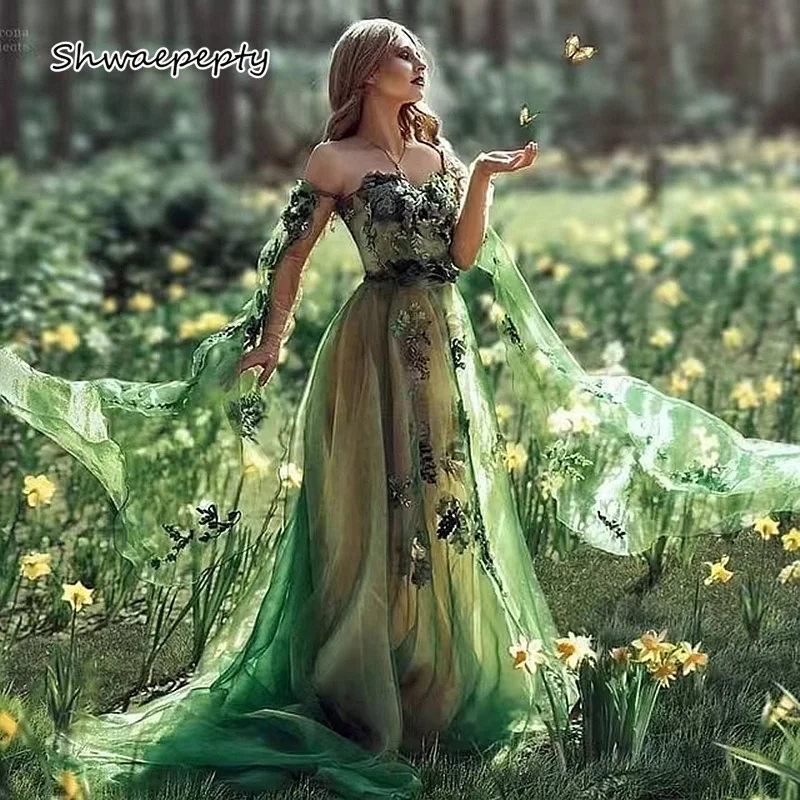 

Pastrol Green Fairy Wedding Dress For Women Off Shoulder Long Sleeves Lace Applique A-Line Country Bride Gown Photograph Dresses