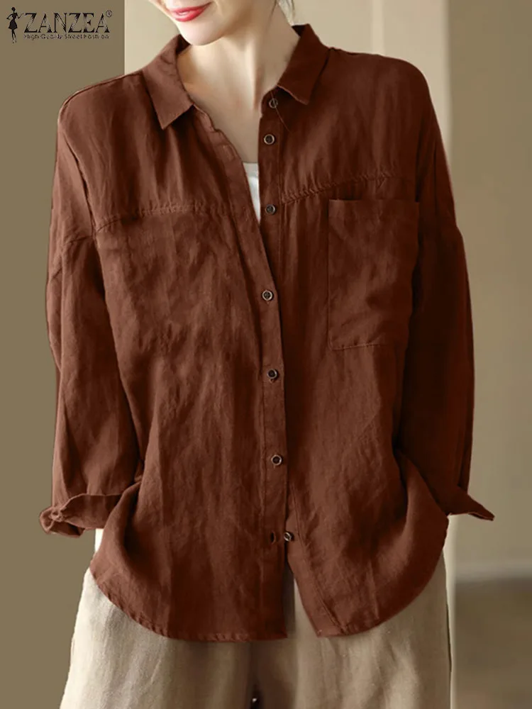 

Корейский стиль Топы с воротником с лацканами ZANZEA Женская хлопковая рубашка 2024 карманы однобортная Блузка модные Универсальные блузки с длинным рукавом