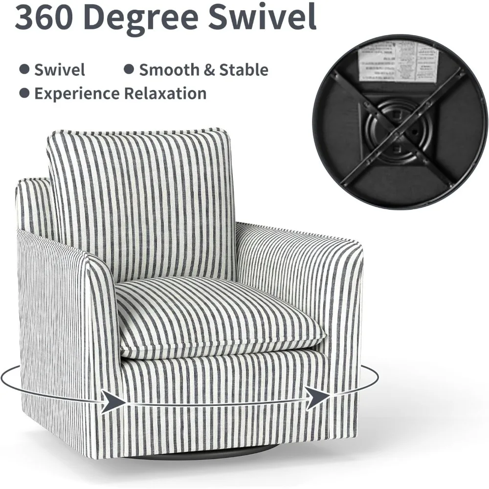 Swivel Accent Chair with Padded Backrest, 360° Rotating for Living Room Bedroom Small Spaces, Blue Stripe
