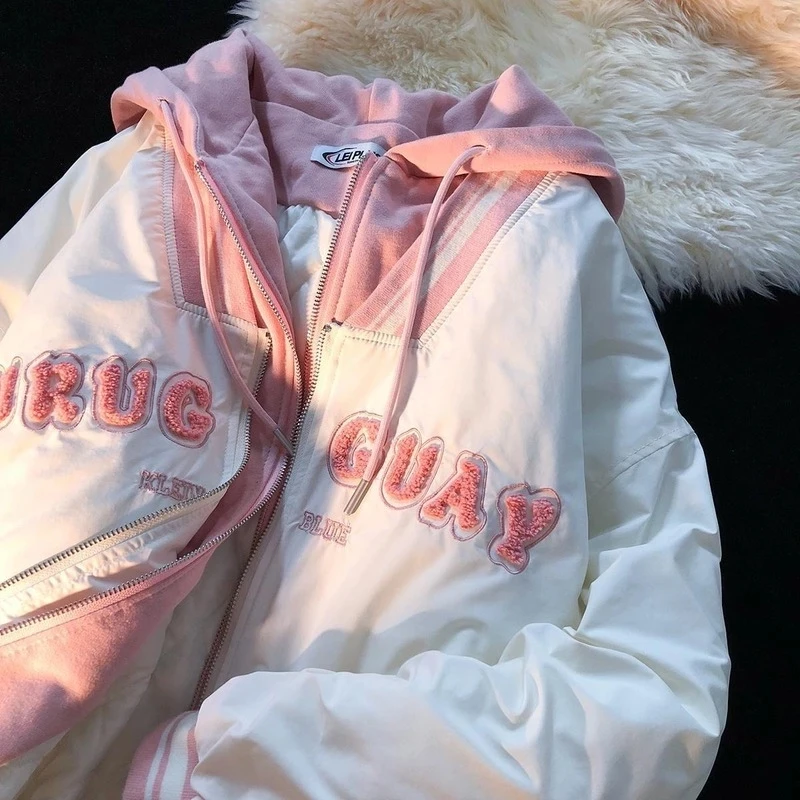 

Japanese cute fake two-piece niche design zipper hooded loose padded jackets for women 2023 winter padded down jackets for women