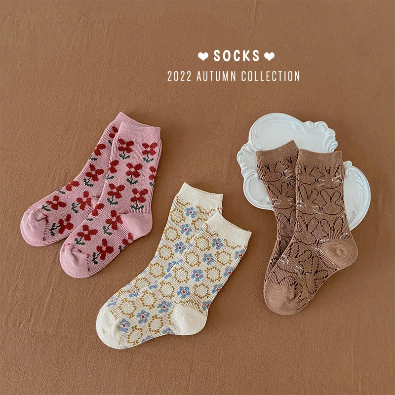 

3 Pairs Baby Socks Autumn Newest Kids Socks Cotton Calf Sock Little Girls 1-12Y Child Flowers Socks