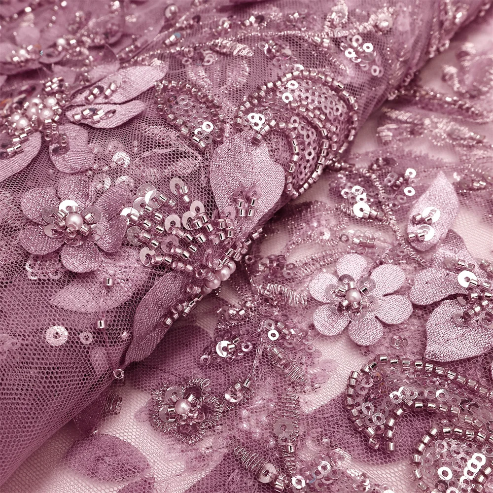 French Sequin Beaded Pink Fabric Polyester For Sewing Wedding