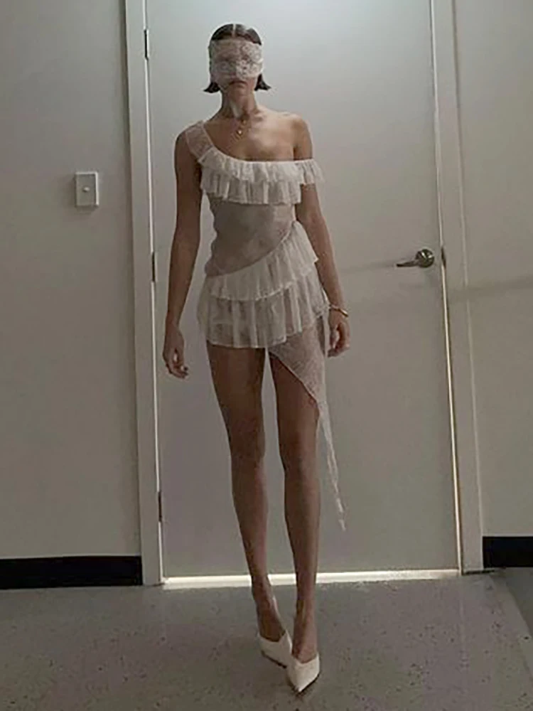 JULISSA MO Sexy See Through Lace Ruffle Women Dress White Off Shoulder Evening Dress Female Summer Skinny Elegant Beachwear 2025