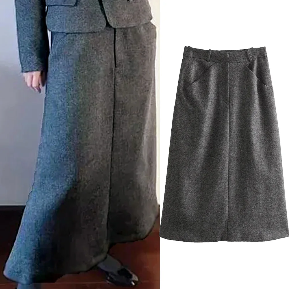 

TRAF New Textured Cape A-Line Midi Skirts Women Belt Loop Cropping Hem Long Skirt Chic Office Lady Suit Jacket+Skirt Grey Sets