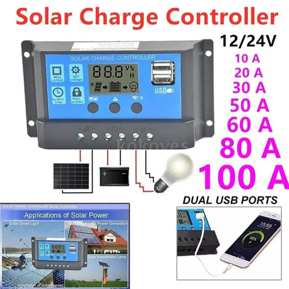 Description Picture 3 of itemSolar Charge Controller,12V/24V Solar Panel Regulator with Adjustable LCD Display Dual USB Port Timer Setting PWM Auto Parameter