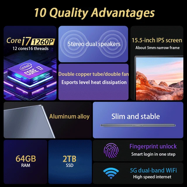 15.6 Inch Laptop Intel Core i9 10885H i7 12700H Windows10/11 Por 2*DDR4 2*M.2 SSD Ultrabook Computer Fingerprint Unlock WIFI5 BT 6