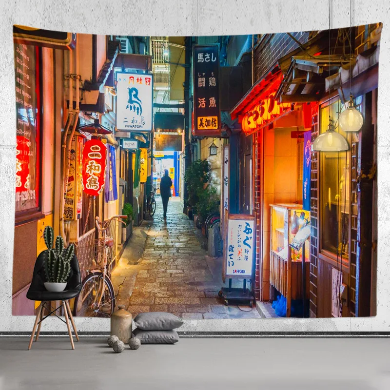 도쿄 그림 대도시 나이트 라이프 태피스트리 일본 벽걸이, 침실, 홈 데코, 보헤미안 장식, 히피 프린트 시트