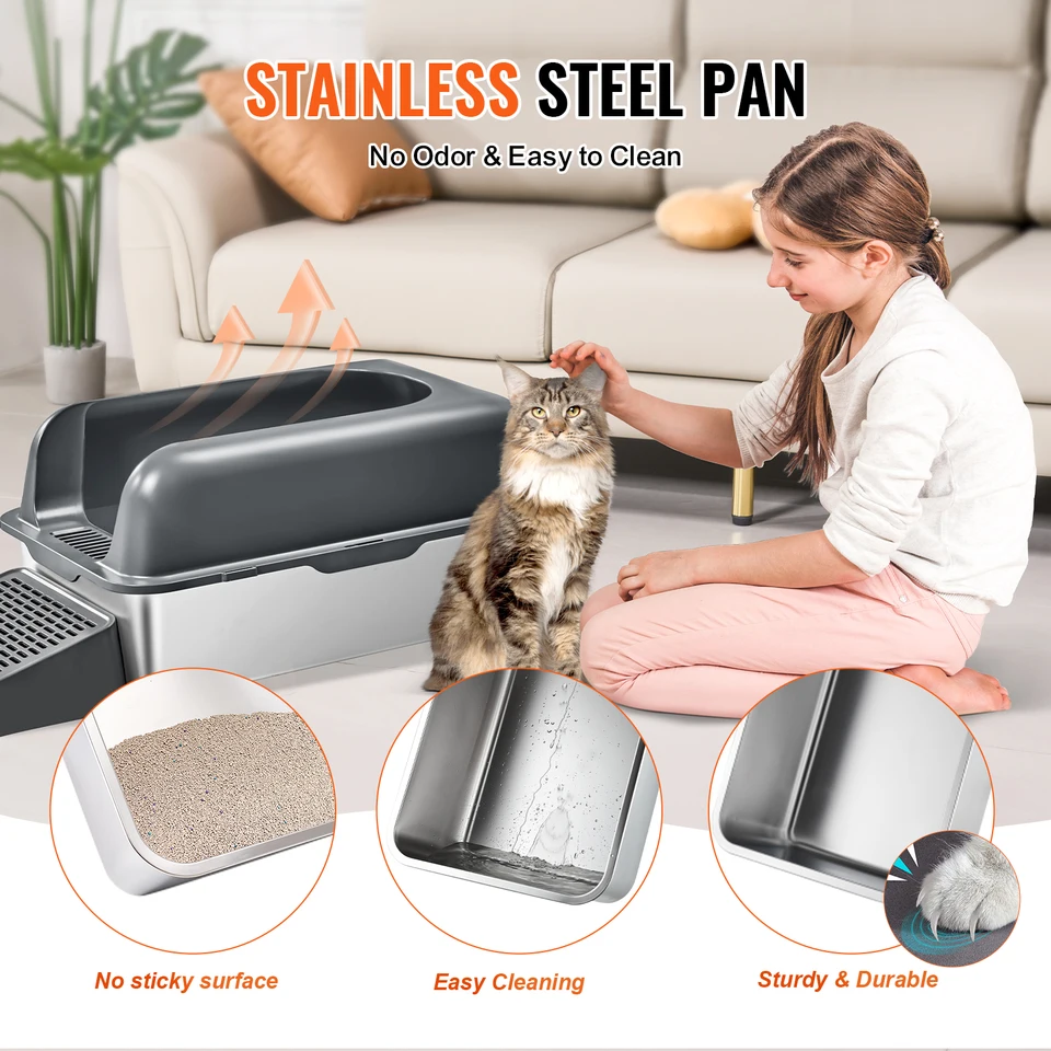 PawHut XXL kattenbak van roestvrij staal, kattenbak, hoogzijdig met