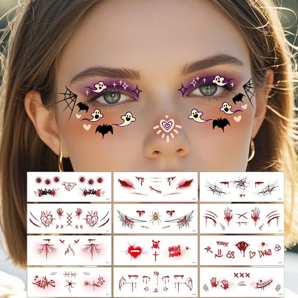 12pcs Disposable Halloween Face Tattoo Waterproof Long-acting Cheek Temporary Stickers Terrifying Portable