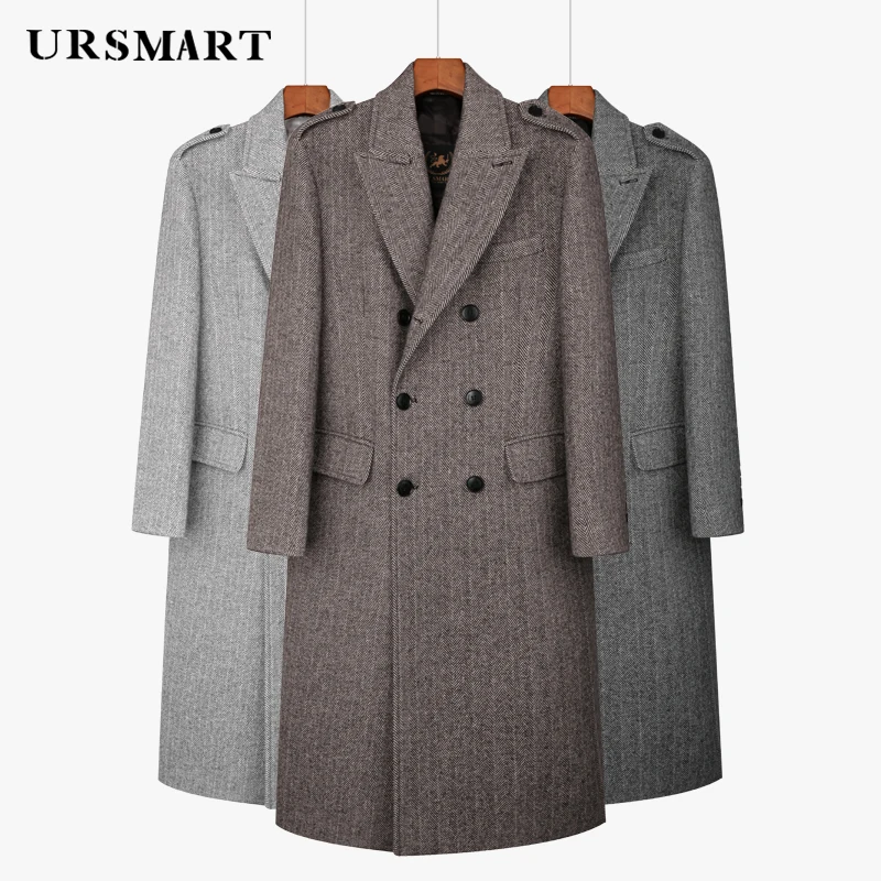 

Mens Classic herringbone pattern long wool coat for men with double breasted British fashion thickened down jacket coat for men
