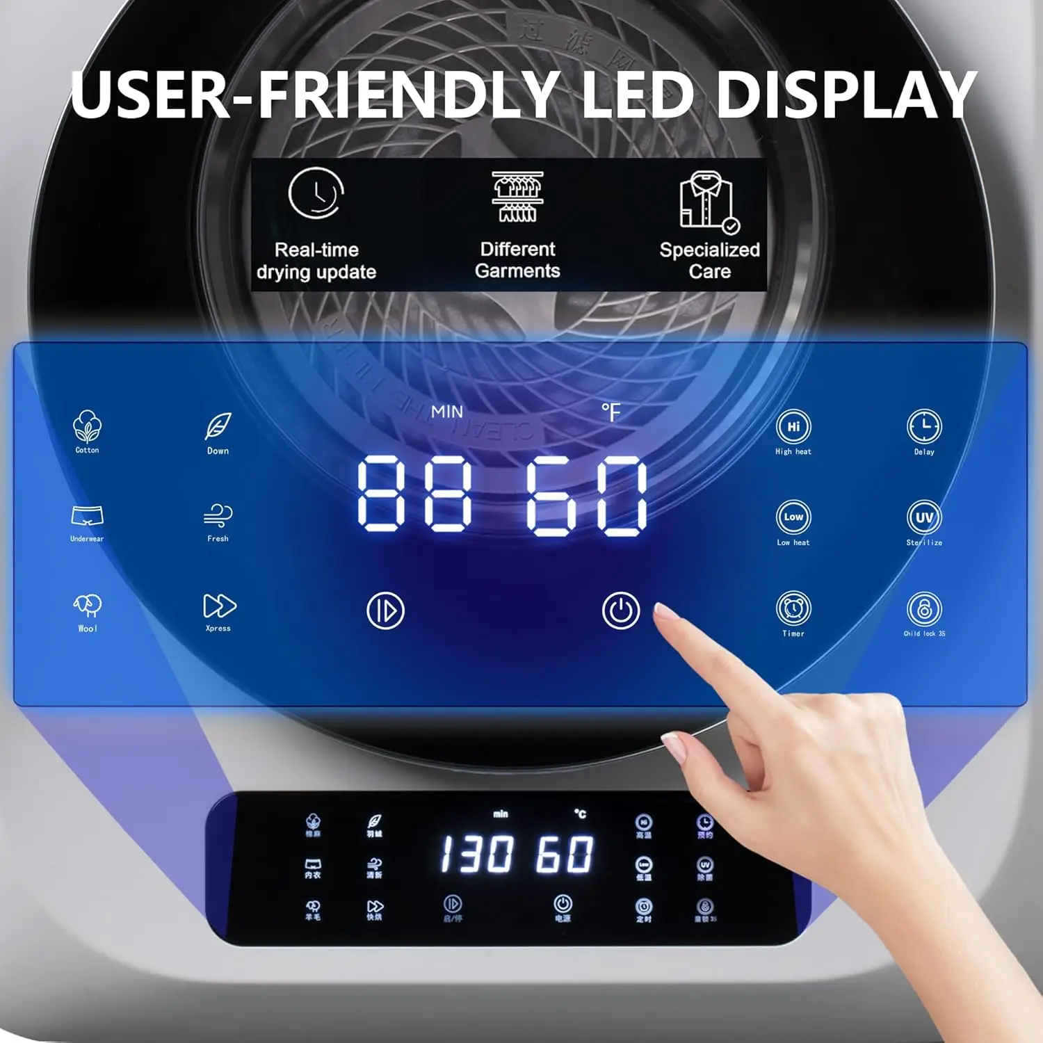 Clothes Dryer, 120V/850W Comtact Mini Dryer Machine with Exhaust Pipe, LED Touch Control Panel, Portable Dryers  , Dorm, RV, Whi 3