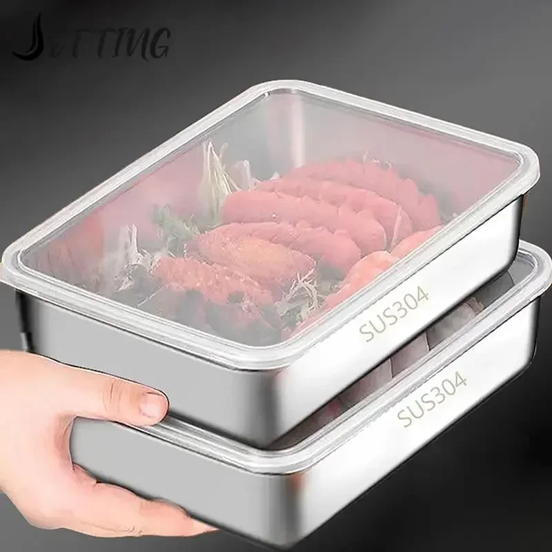 Food Storage Pan Stainless Steel Square Plate With Lid Rectangular Commercial Dish Tray Large Lunch Box Container