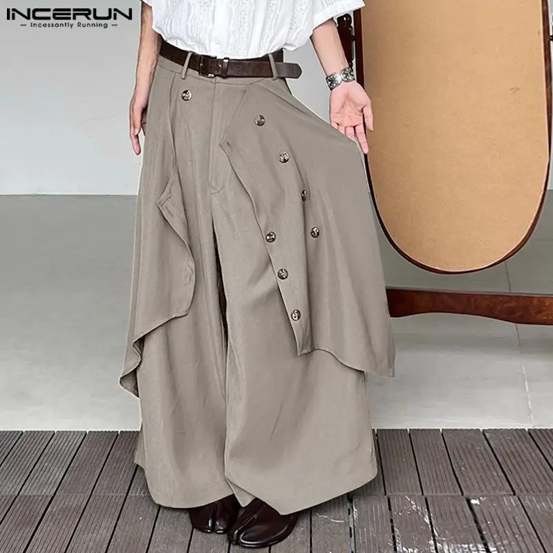 Men Wide Leg Pants Irregular Button Joggers Streetwear Solid Color Vintage Loose Casual S-5XL