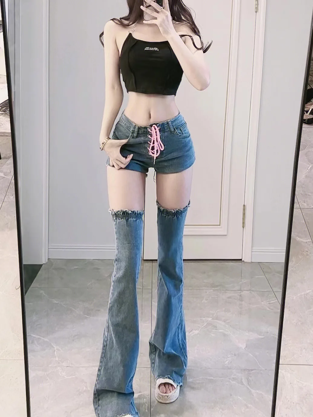 New Spring Japanese Women Blue Fashion Sexy High Waist Harajuku Punk Y2K Hot Girl Streetwear Bandage Two-piece Set Shorts