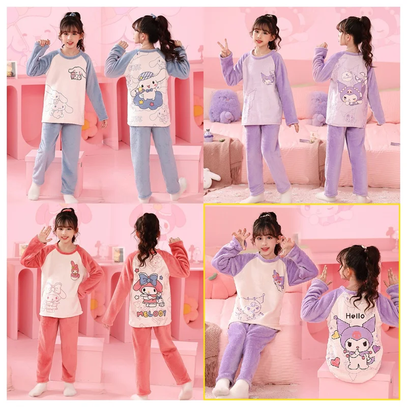 

Sanrio Cinnamoroll Flannel Childrens Pajamas Set KTCat Winter Thicken Winter Sleepwear Kid Pants Girl Christmas Loungewear