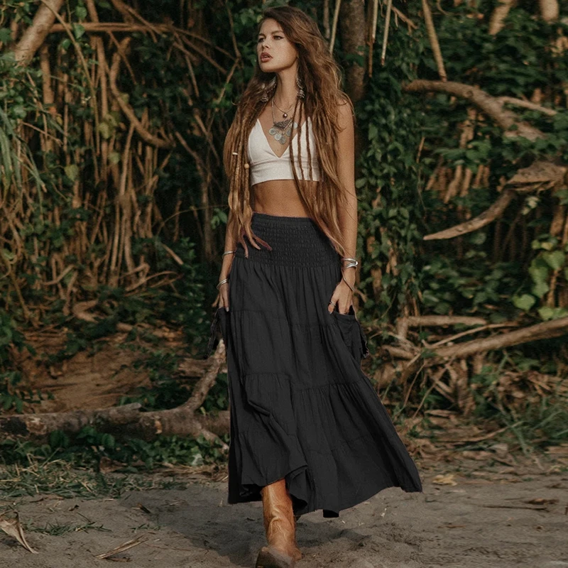 Dress Bohemian Skirts With Pockets Boho Forest Fairy Tiered A-Line