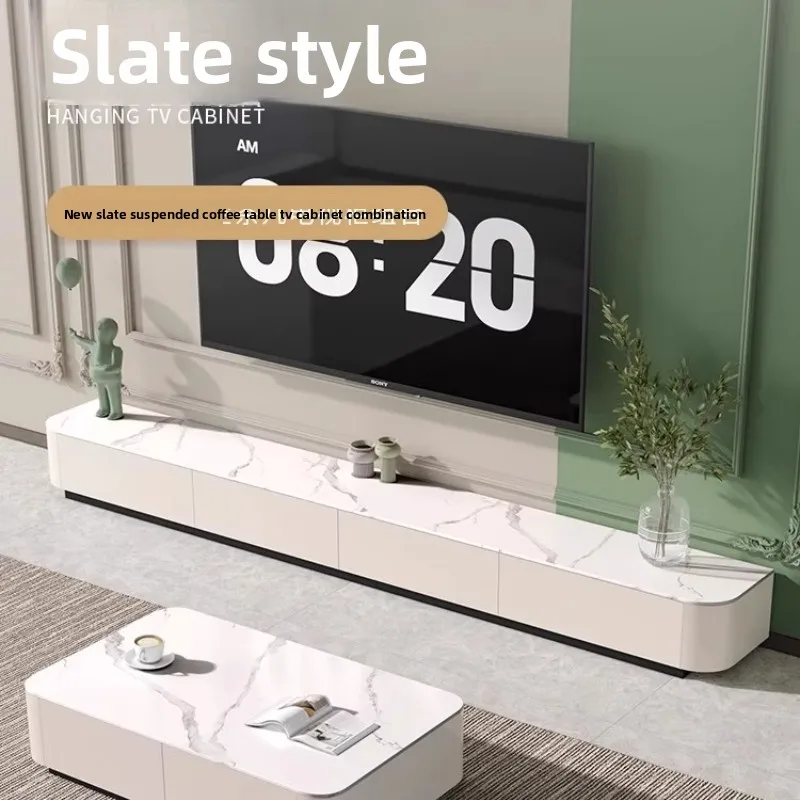 Slate TV Stand Glass Door Home Living Room Luxury Modern Minimalist Solid Wood Floor Standing 2025 New Model Coffee Table Set