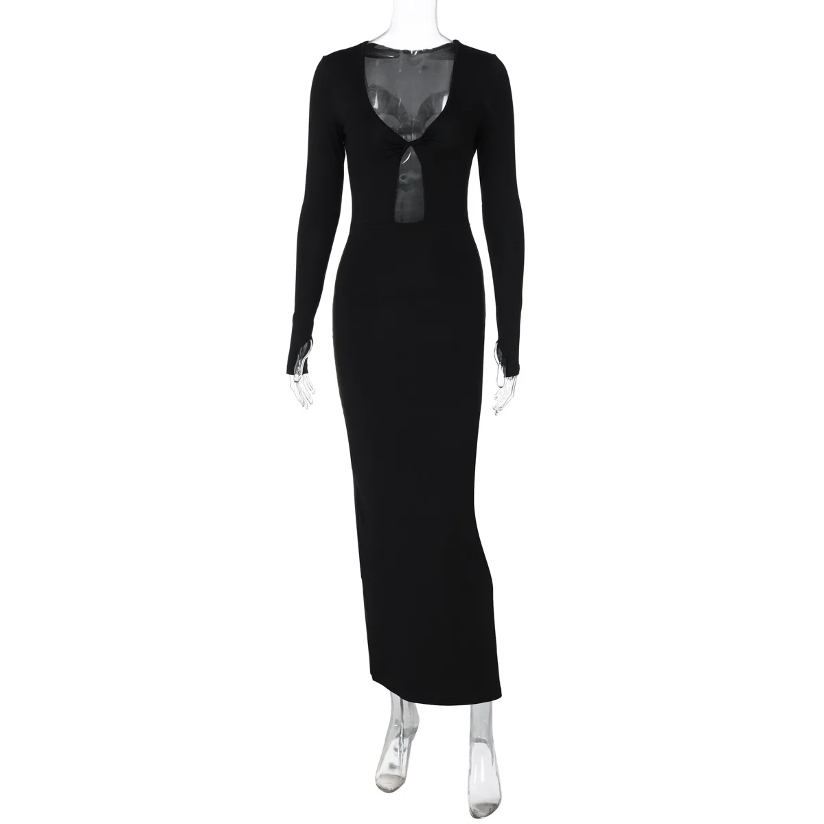 Hollow Out Slim Sexy Maxi Dress For Women V-Neck High Waist Fashion Patchwork Autumn Party Dress Female Black Dress