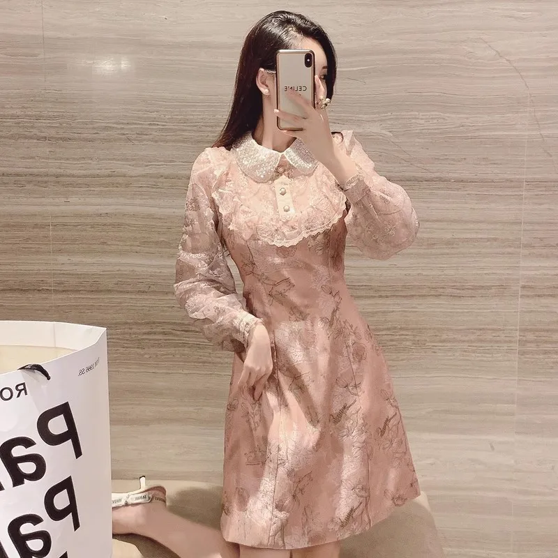 

Sweet Autumn Pink Beading Doll Collar High Quality Women Embroidery Mesh Ruffles Patchwork Flower Print Ladies Party Dress