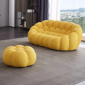 Designer Yellow Living Room Sofas Set Luxury Italian Divano Soggiorno Furniture European Fabric Nordic Double Chaise Couch Puffs