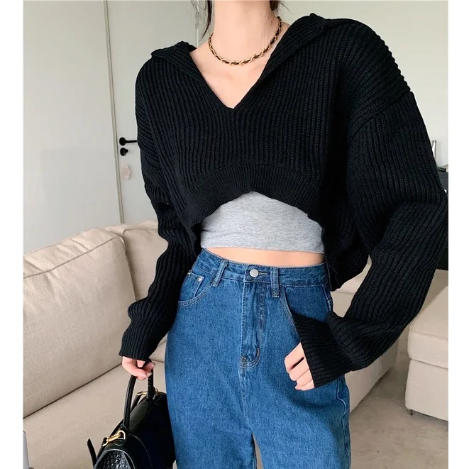 

Ihkke Short V-Neck Loose Long Sleeve Hooded Sweater Pullover Casual Jacket