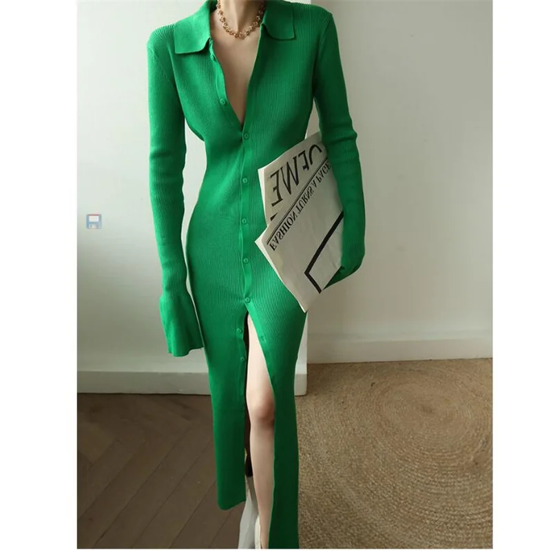 

French Style Green Polo Knit Dress Women Spring Elegant Turn-down Long Sleeve Single Breasted Cardigan Dressed Party Clothes