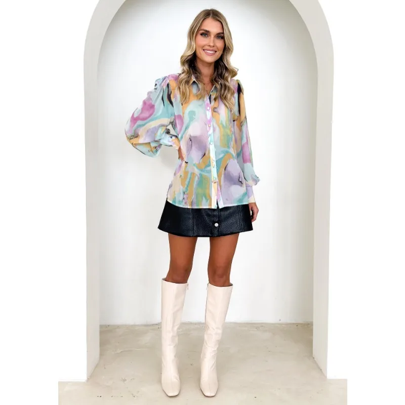 

2023 Autumn Winter New Women's Cardigan Loose Lapels Printed Long-Sleeved Shirt Casual Daily