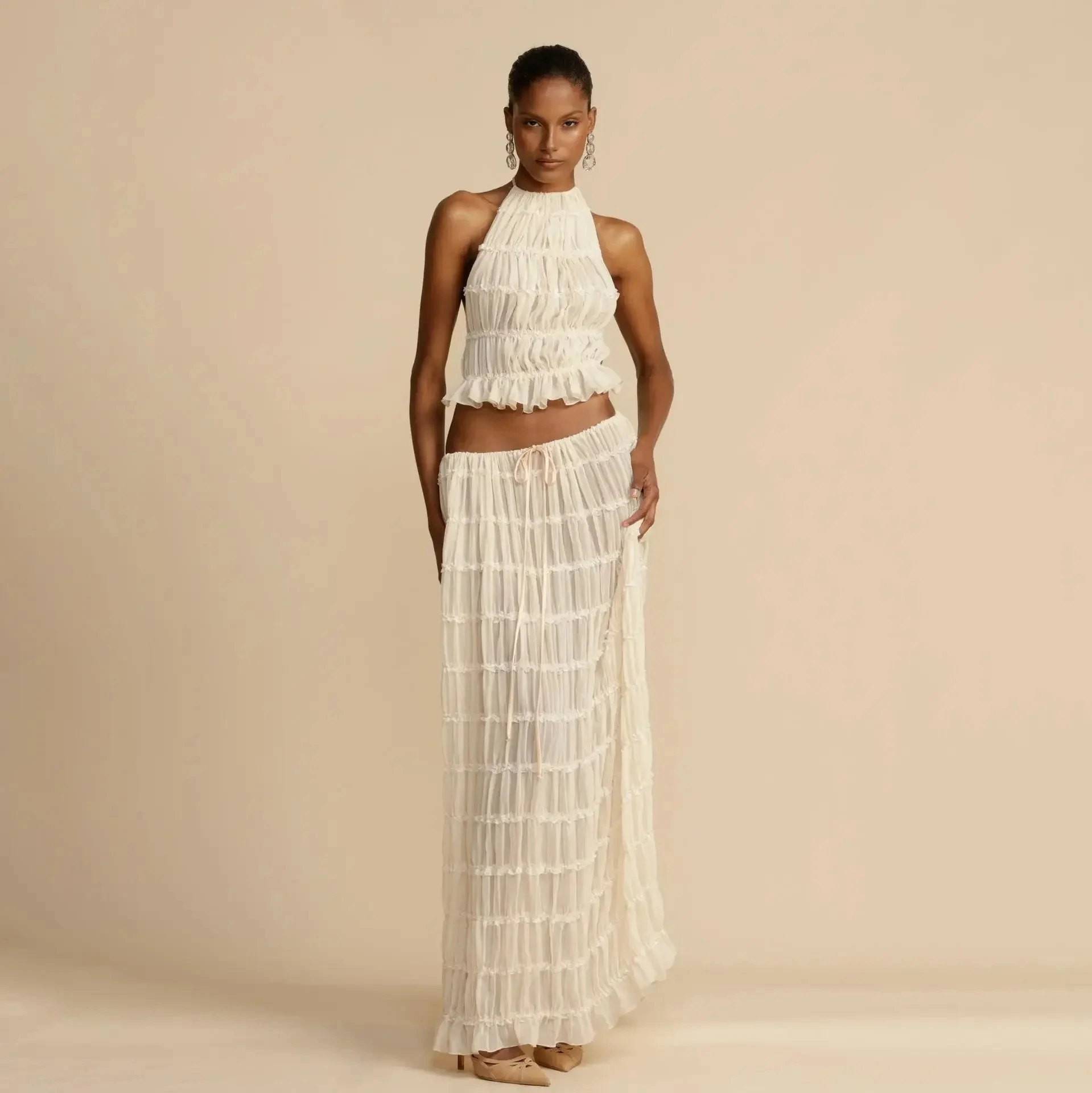 2024 Spring Summer Female 2 Piece Set Fashion Solid Hang Neck Long Skirt Suit Women Backless Sling Top Lace Up Fold Maxi Skirts - Image 6