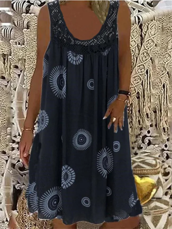 

2023 Autumn Bohemian Oversize Women's Short Dress O-neck Print Sleeveless Loose Dresses Female New Casual Trendy Ladies Clothes