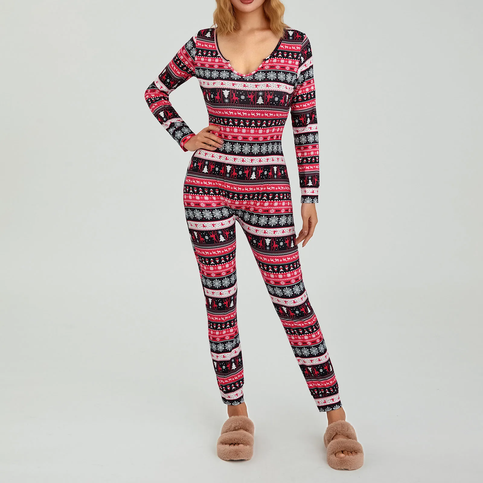 XDMSZ66 Vrouwen Kerst Gedrukt Jumpsuit Pyjama V-hals Lange Mouw Bodycon