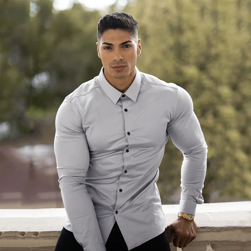 Men Fashion Casual Long Sleeve Solid Shirt Super Slim Fit Male Social Business Dress Shirt Fitness Sports Clothing dress shirts men casual shirts