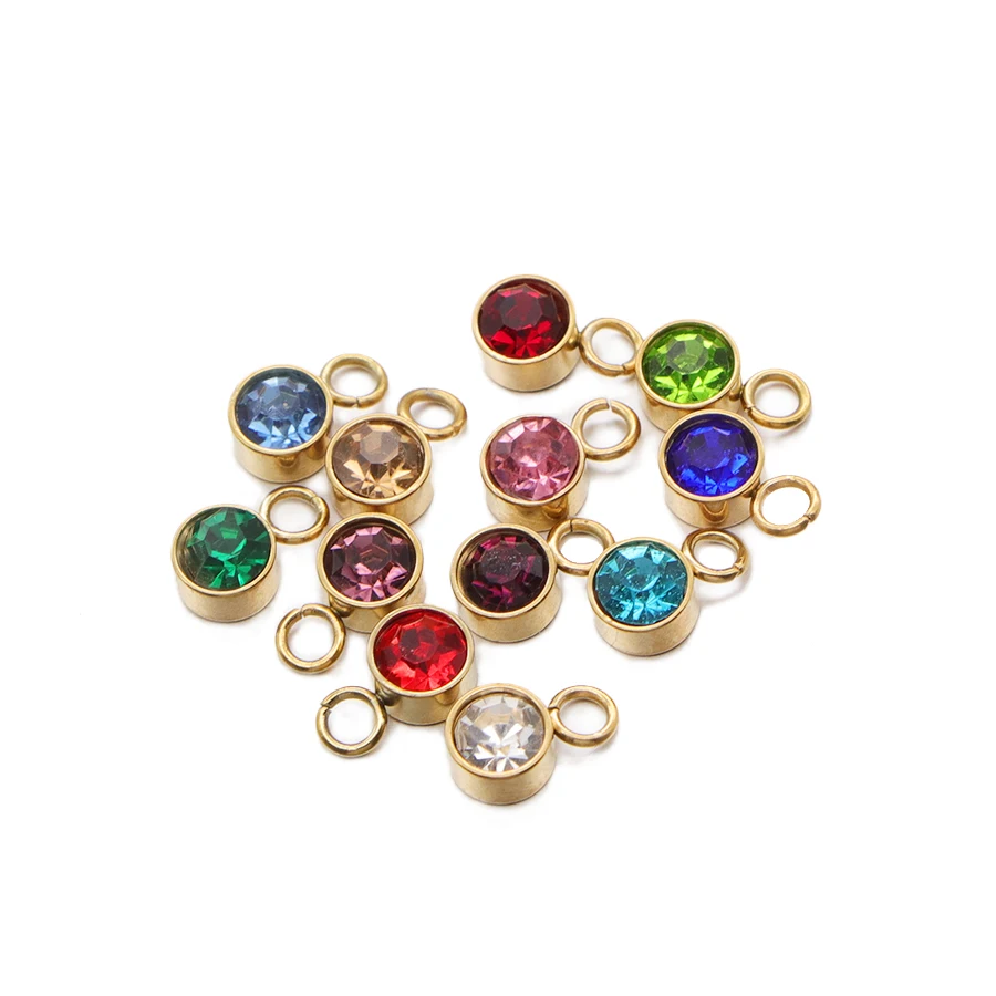 12pcs/Lot Gold Color 6mm Round Stainless Steel Crystal Birthstone Charms DIY Jewelry Making Bracelet Necklace Charms