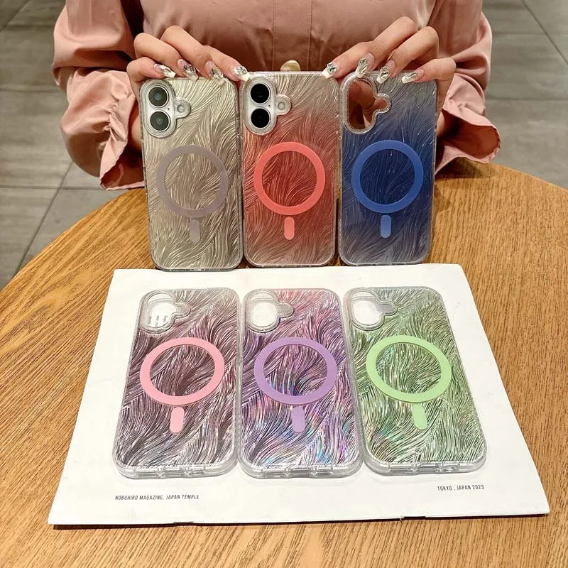 Luxury Gradient Laser Feather Yarn Diamond Phone Case for Case for IPhone 16 15 14 13 Pro Max 16pro Glitter Magnetic Cover_voghion.com