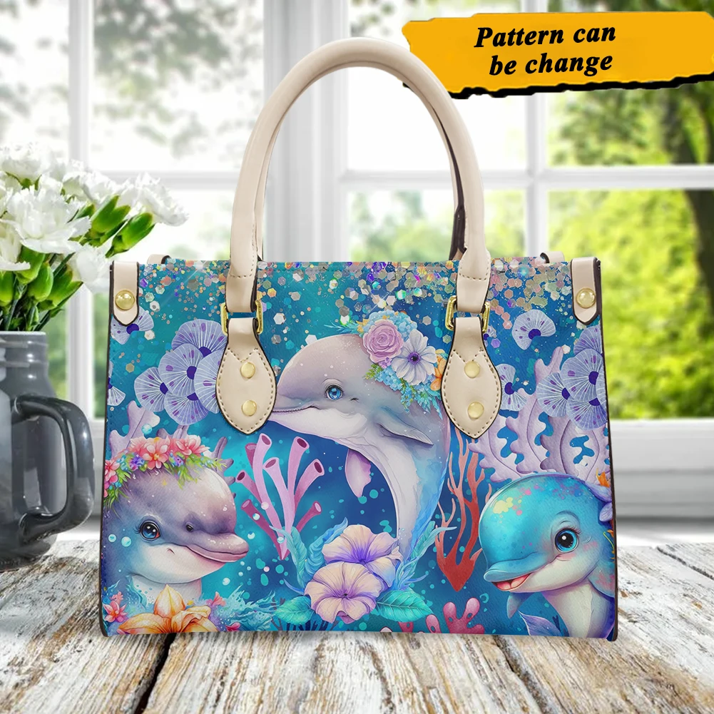 Women's Pu Leather Clutch Bag Cute Dolphin Pattern High Quality Portable Top Handle Cross Body Blue Bags Girls Shoulder Handbags