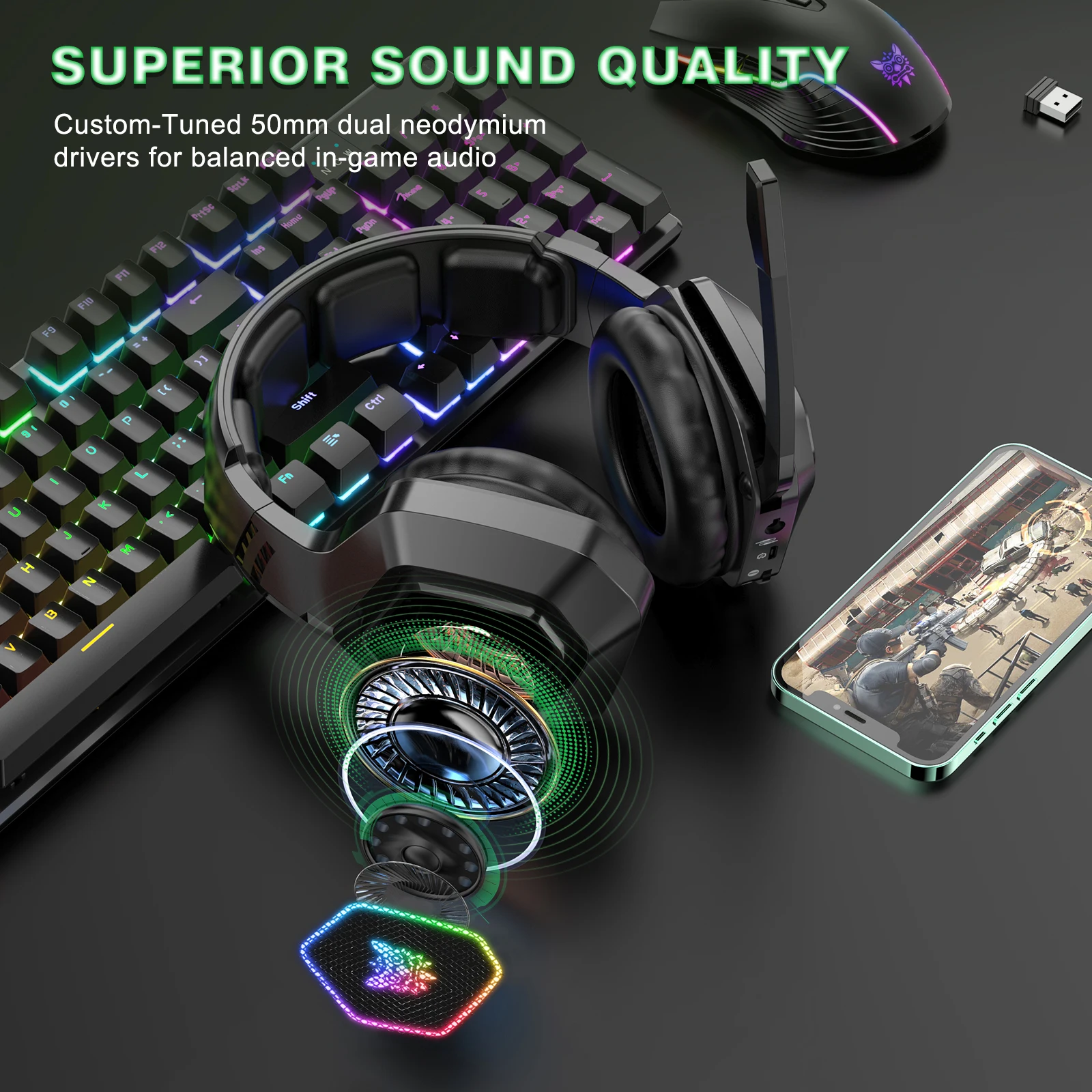 ONIKUMA B100 Wireless Gaming Headset 2.4Ghz Wireless Earphones With Mic Low Latency Tri-mode Headset for PC PS5 Gamer 2