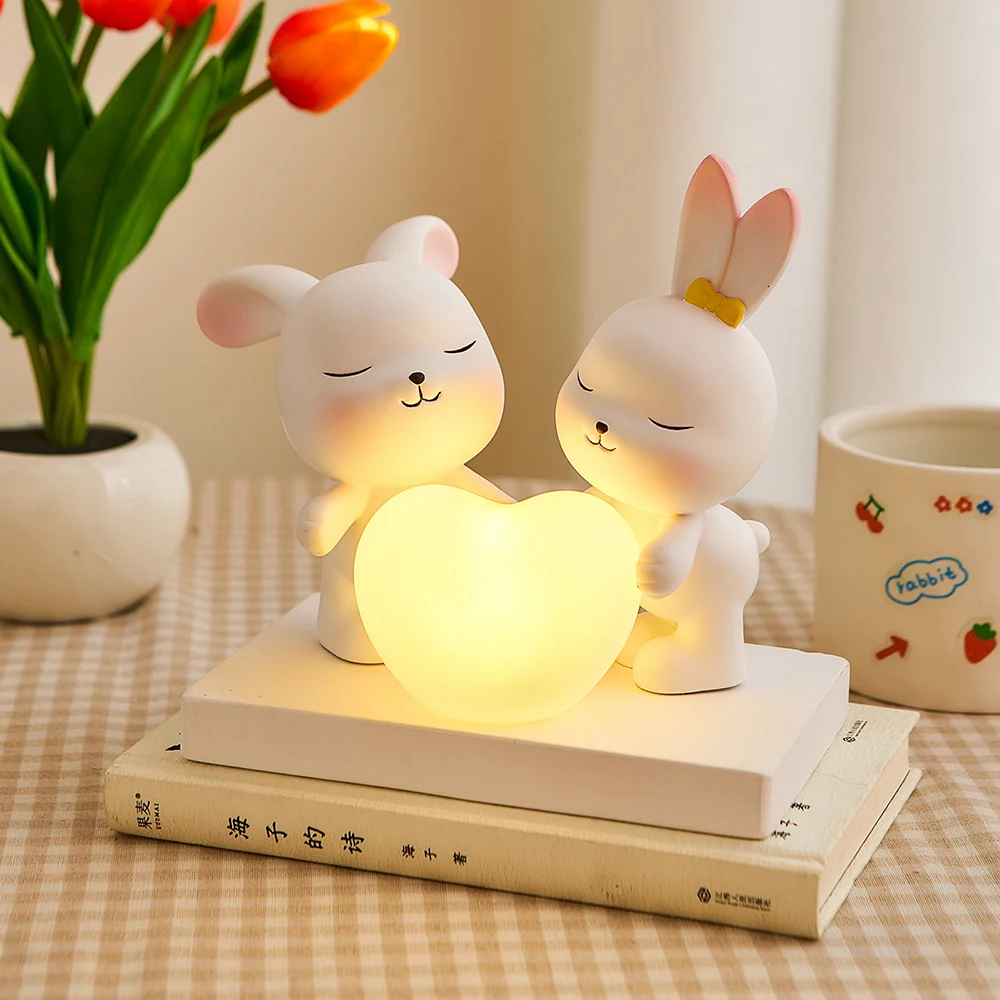 

Lovely Home Decoration Cute Rabbit Heart Sculpture and Figurines Living Room Decor Little Bunny Bedside Lamp Desk Ornament Craft