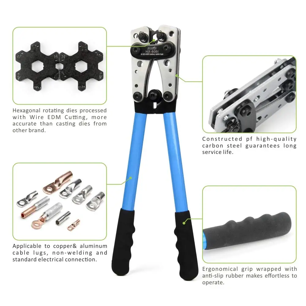 IWISS HX-50B Cable Lug Crimping Tool For Heavy Duty Wire Lugs,battery Terminals,copper Lugs Awg 8-1/0 Crimper Plier Clamp Tool 3