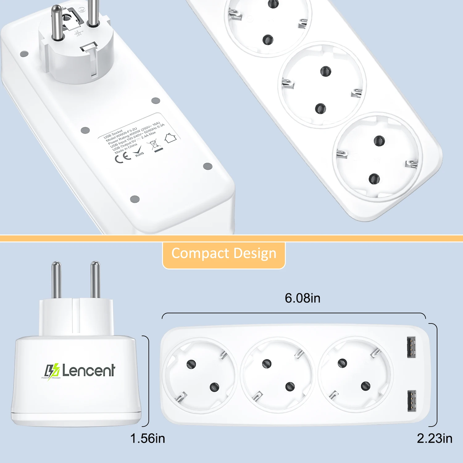 Power Strip Plug Adapter Electrical Socket Power Socket Power Plug Adapter Wall Socket Extender LENCENT Wall Socket Extender with 3 AC Outlets + 2USB Ports 5V 2.4A EU Plug Power Adapter Overload Protection for Home/Office