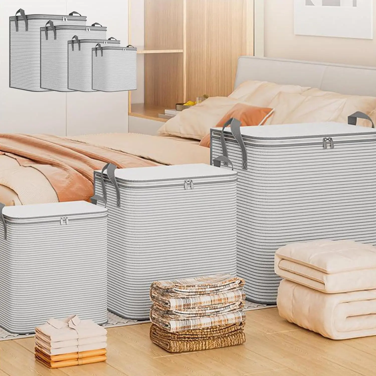 

1Pc Portable Large Capacity Quilt Storage Bag Foldable Cute Strip Pattern Clothes Organizer Perfect Home Moving Storage Bag