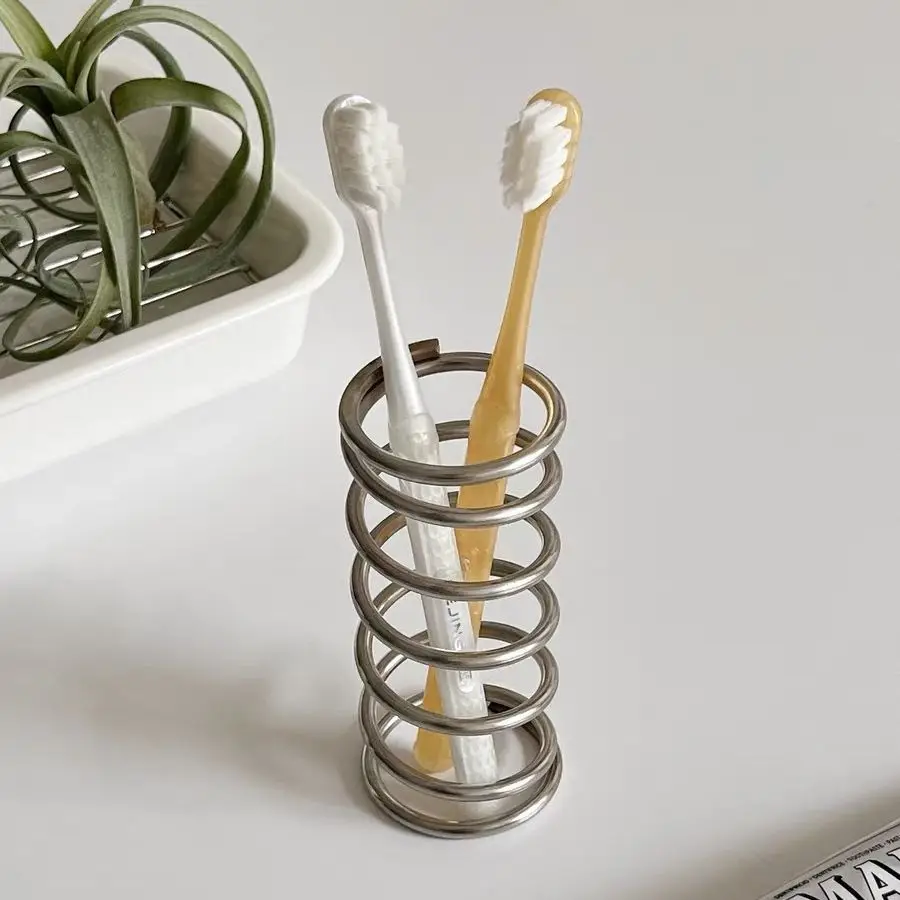 Stainless Steel Metal Threaded Toothbrush Holder Waterproof Bathroom Sink Desktop Makeup Brush Storage Vase Pen Holder