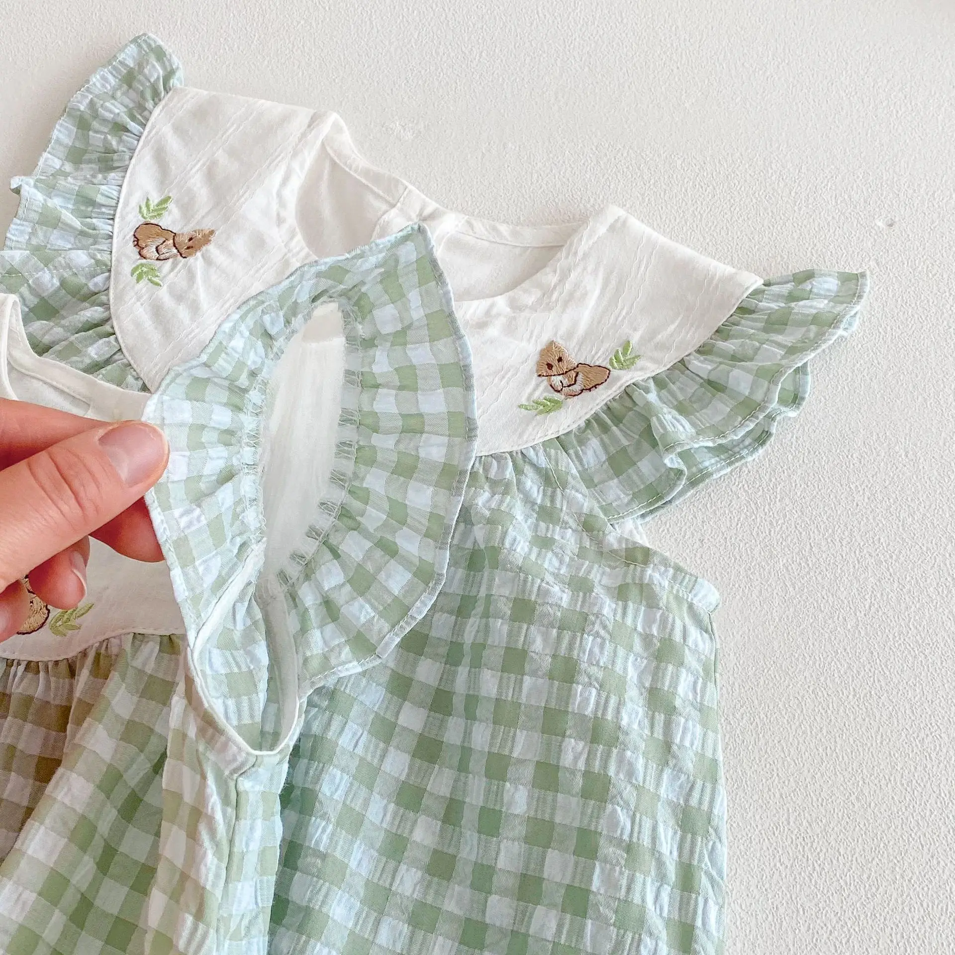 Cute Summer Plaid Baby Dress with Bunny Embroidery