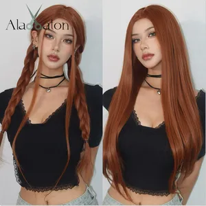 ALAN EATON Orange Long Straight Synthetic Wigs for Women Natural Layered Middle Part Hair Wig Heat Resistant Daily Fiber Wig