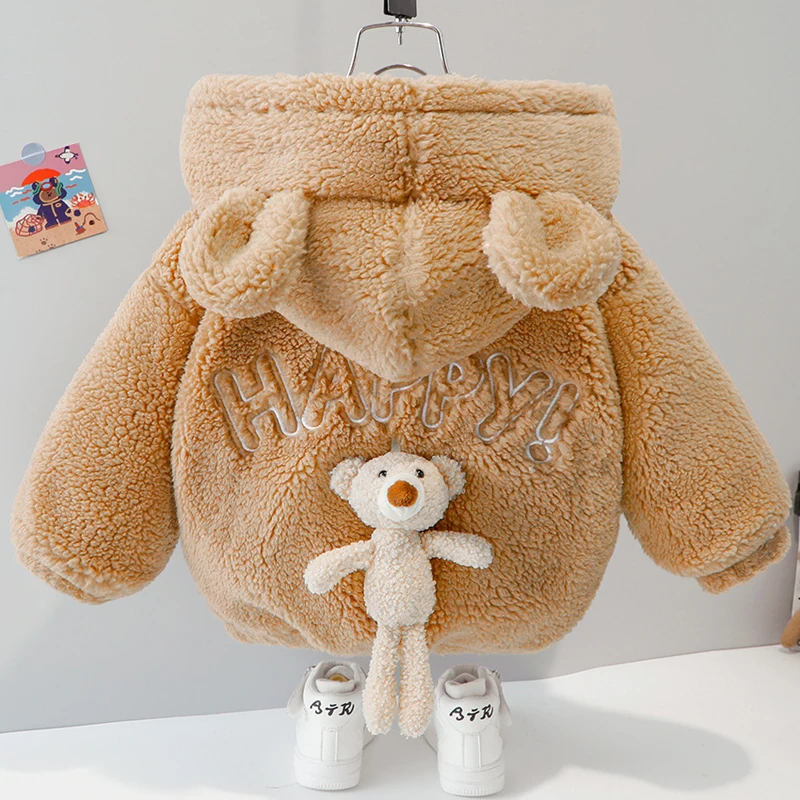 

2023 Baby Girls Jacket Winter Lining Plush Thicken Keep Warm Outerwear For 1-5Y Kids Cartoon Hooded Snowsuit Send Bears Doll