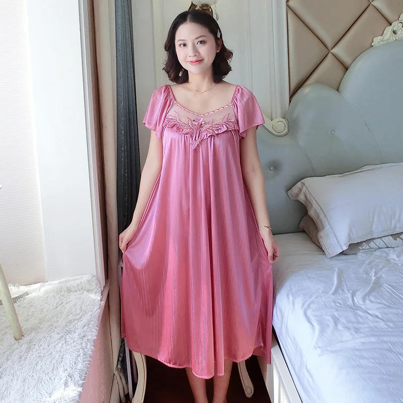 Ladies Nightdress Sexy Ice Lace Large Size Solid Color Flower Pajamas Thin Short-sleeved Lace Skirt Night Dress Women Dress