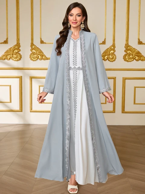 Ensemble de robe de luxe gris-bleu de style français avec broderies en dentelle, Abaya ouverte sur le devant de style moyen-oriental pour mariage / fête / usage quotidien 1