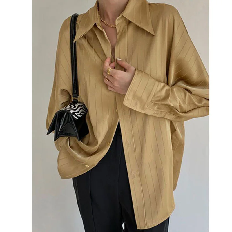 Fashion Striped Satin Silk Shirt Vintage Lapel Up Blouse Women Lady Long Sleeves Female Loose Solid Street Shirts
